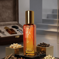 Fragrance bottle with decorative elements on a reflective surface