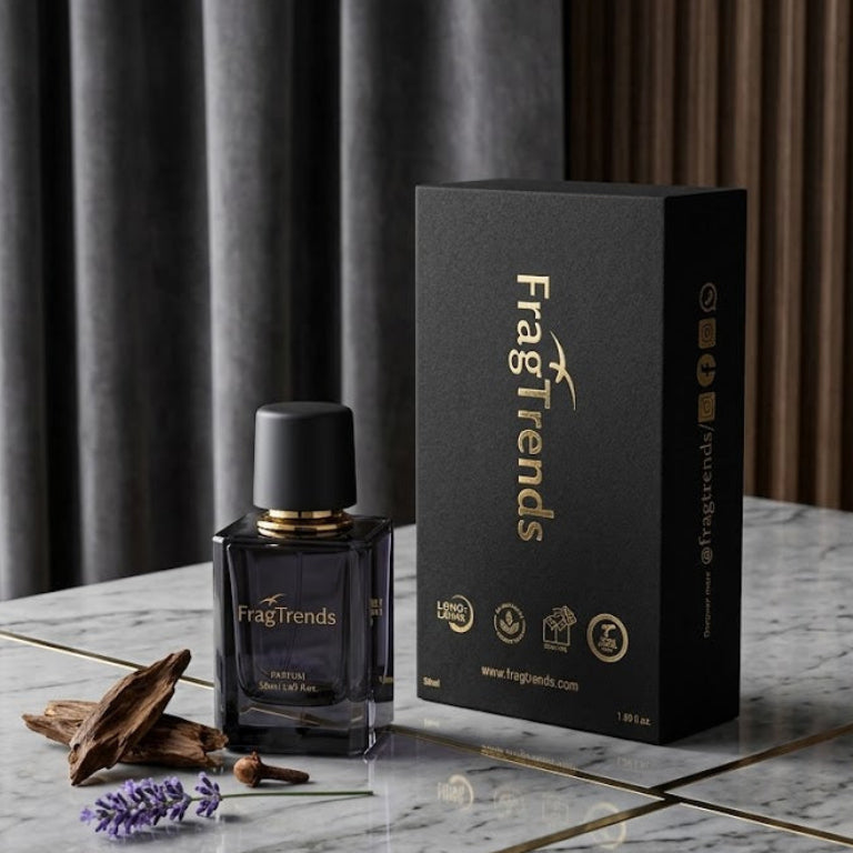 Fragrance bottle and packaging on a marble surface with 'FragTrends' branding.