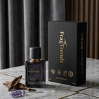 Fragrance bottle and packaging on a marble surface with 'FragTrends' branding.