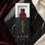 Red perfume bottle in a white box with 'FragTrends' branding on a light gray background