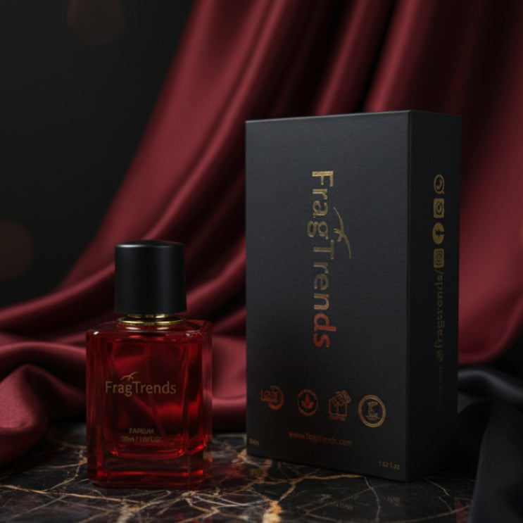 Red FragTrends perfume bottle with black cap and matching black box on a white background