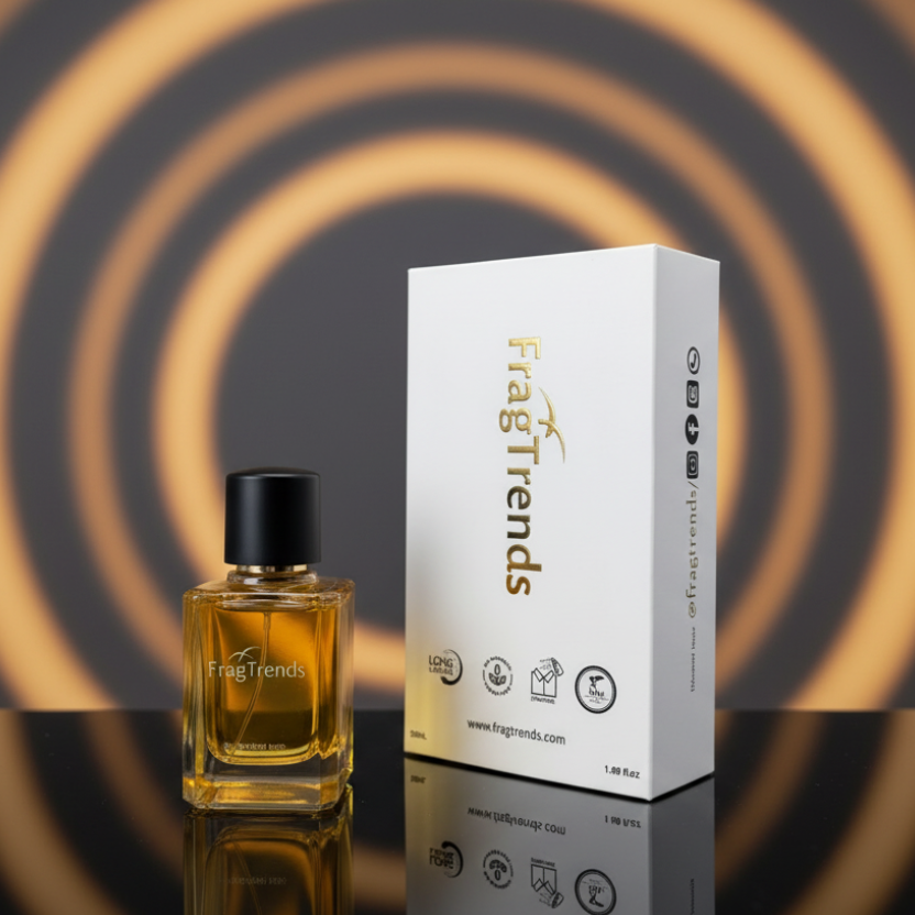 Fragrance bottle and packaging with 'FragTrends' branding on a white background