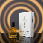 Fragrance bottle and packaging with 'FragTrends' branding on a white background