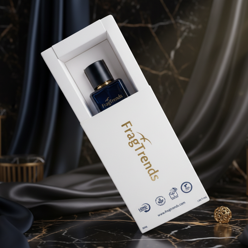 Fragrance bottle with packaging displaying 'FragTrends' on a white background