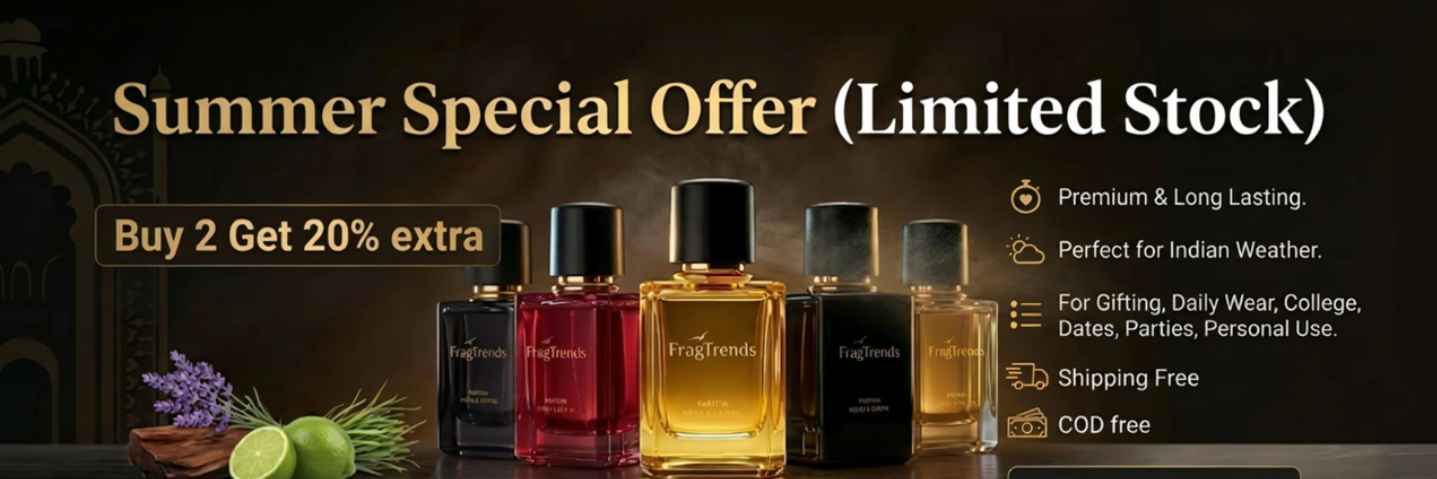 Promotional banner for summer special offer with perfume bottles on a wooden surface.