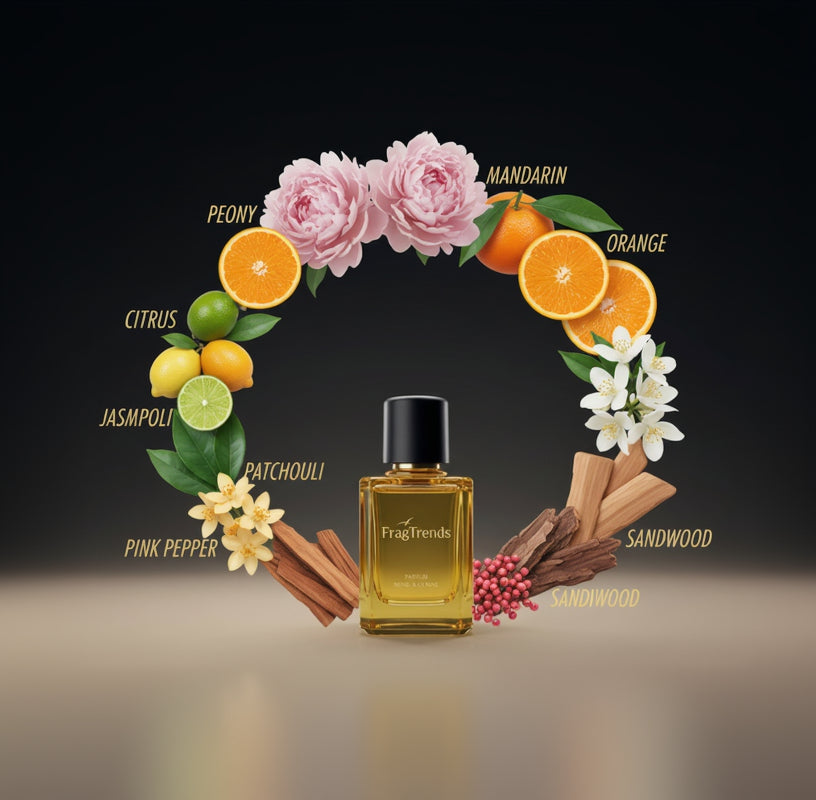 Fragrance bottle with 'FragTrends' label on a gradient background