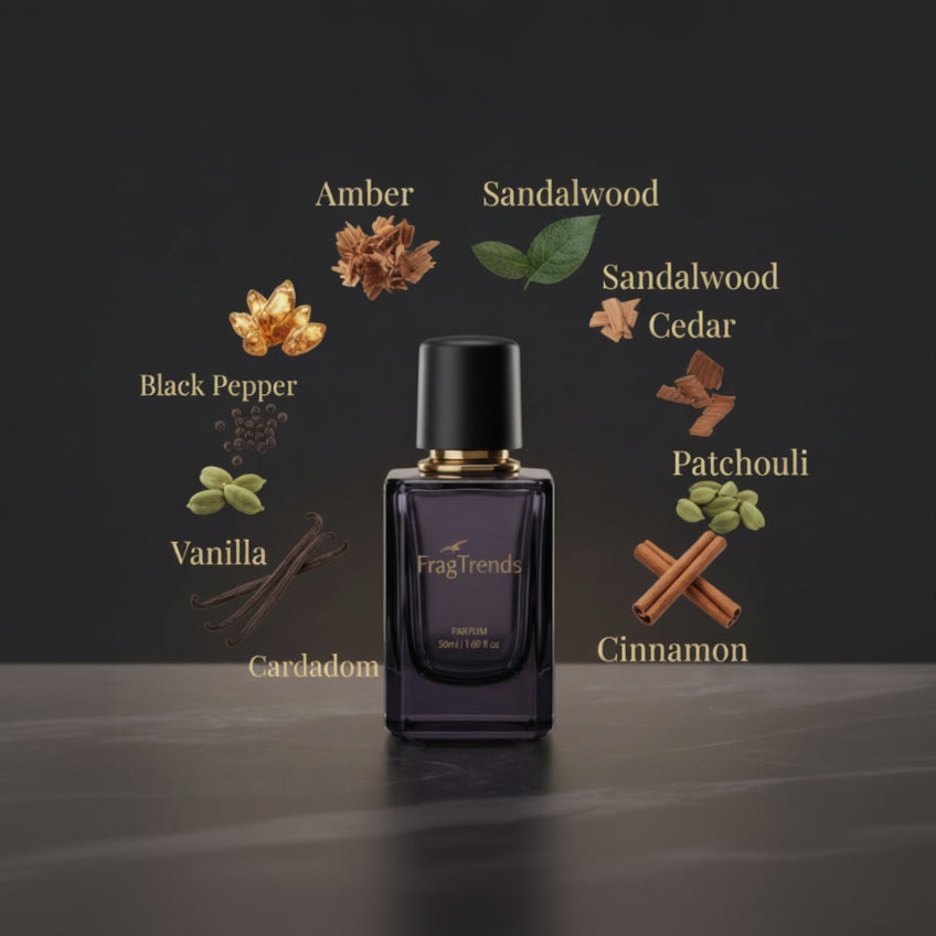 Perfume bottle with 'FragTrends' branding on a dark background