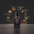 Perfume bottle with 'FragTrends' branding on a dark background