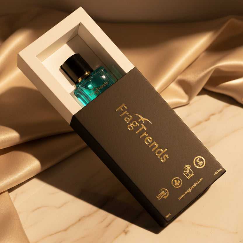 Fragrance bottle with black cap and teal body in a white box, branded 'FragTrends'.