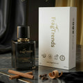 FragTrends perfume bottle and packaging on a dark surface with 'L'Essence de Luxe' branding.